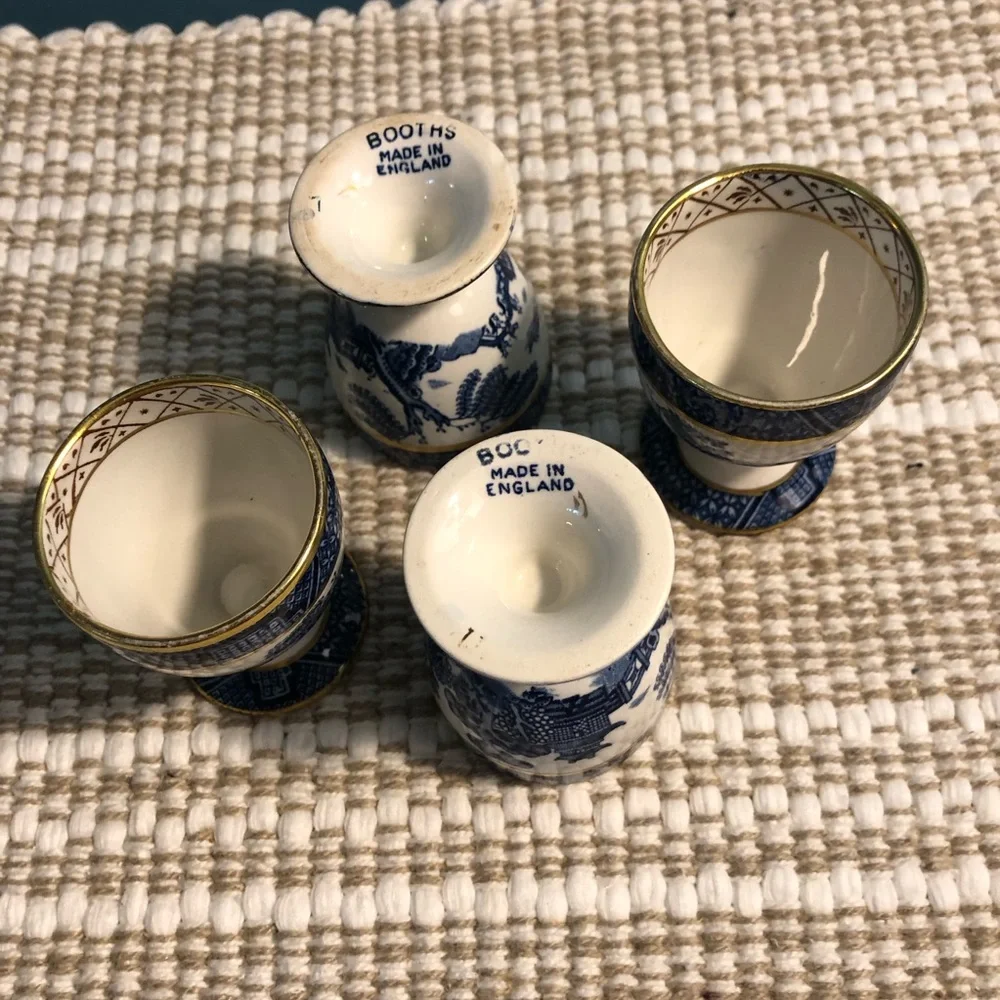 Vintage Booths England blue  and White Porcelain Egg Cups w Gold Trim - Set of 4